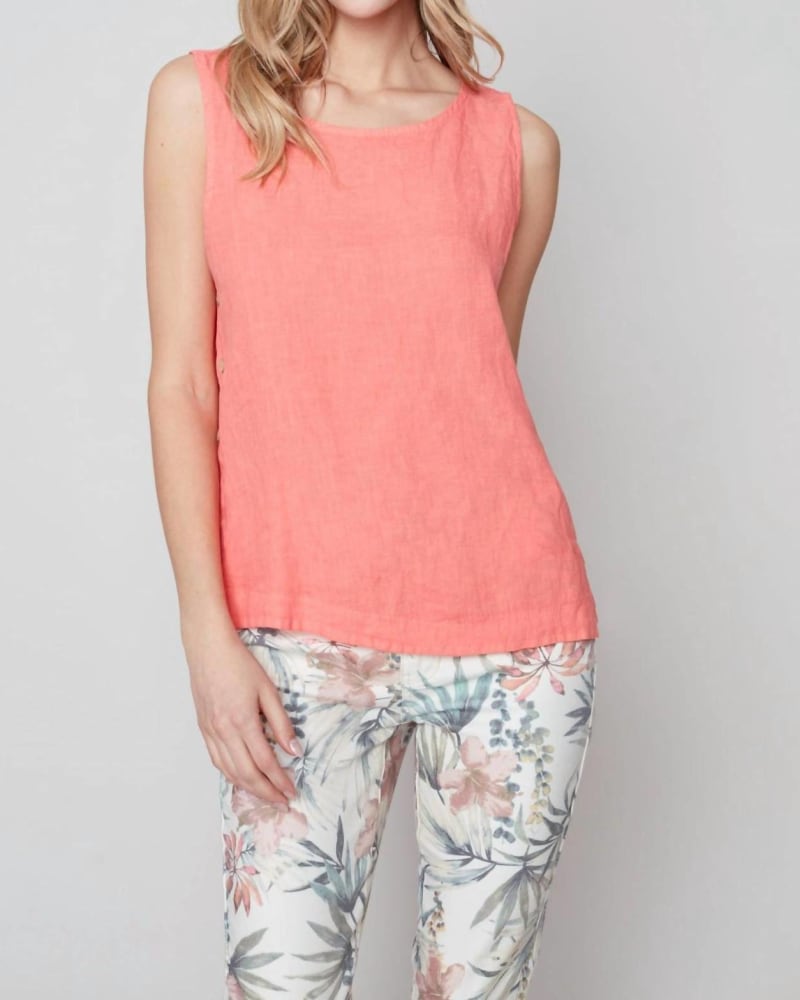 Front of a model wearing a size L Sleeveless Linen Top With Side Buttons in Grapefruit in Grapefruit by CHARLIE B. | dia_product_style_image_id:340489